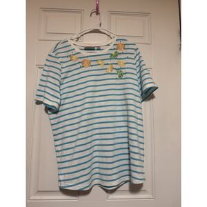 Quacker Factory Women's Embroidered Fruit White Blue Striped Tee Size Large